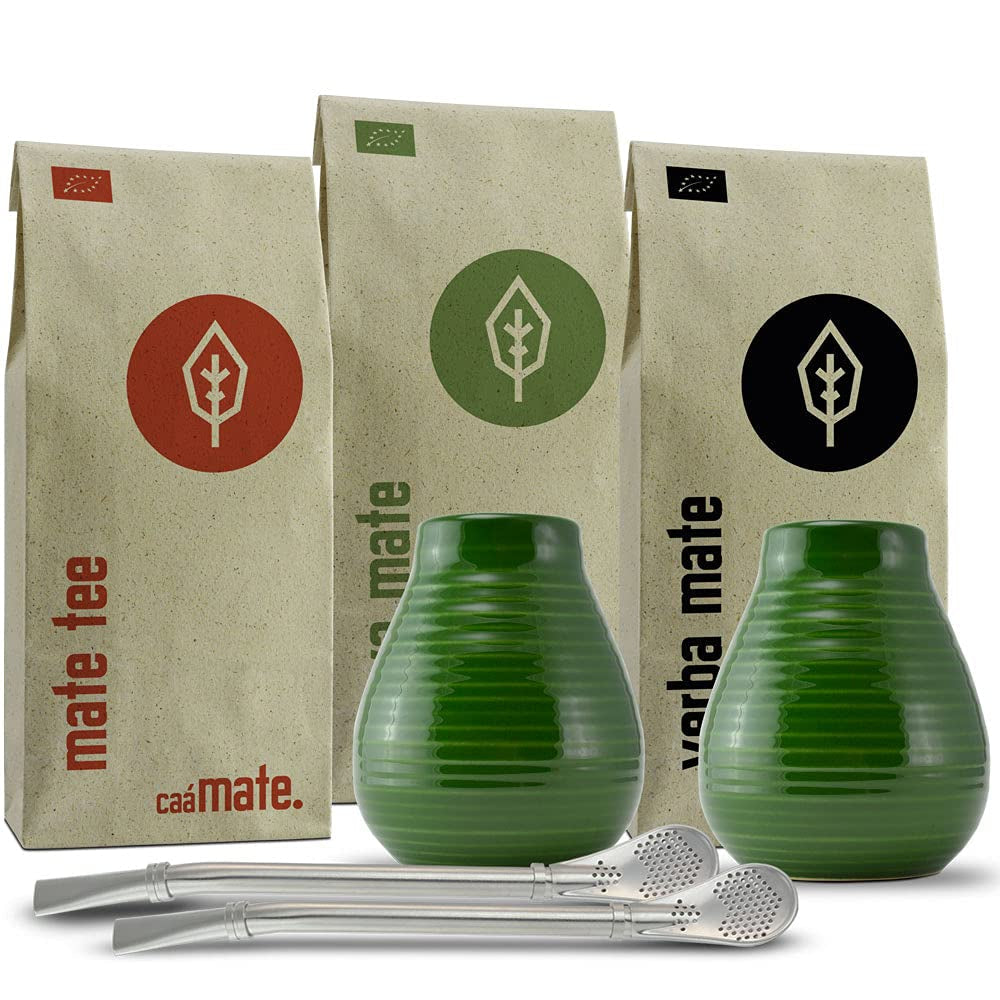 Mate-Tee-Set für zwei, Bio ● 2 Mate-Tassen + 2 Bombillas + 300 g Mate-Tee + Zubereitungsanleitung