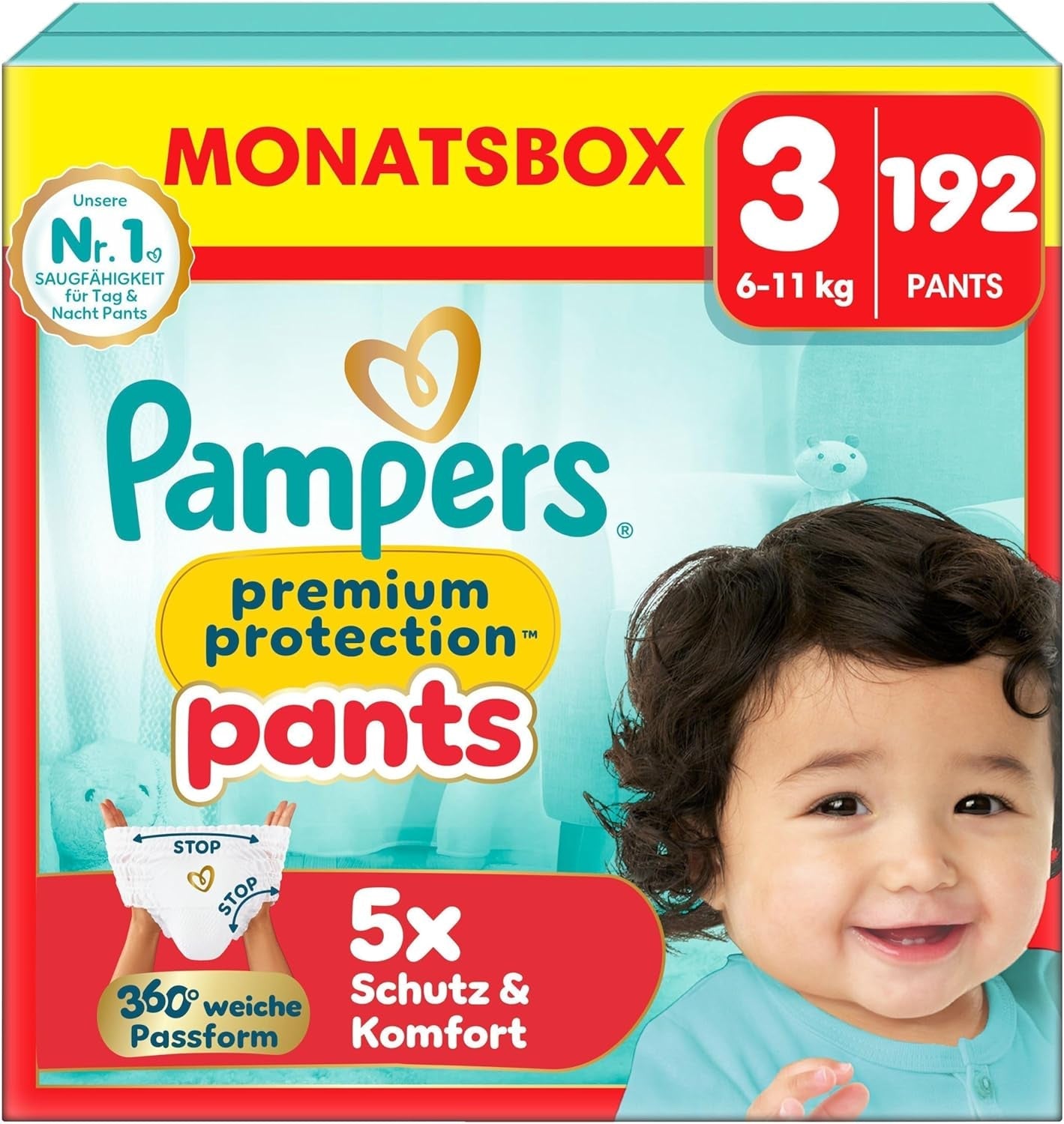 Pampers Premium Protection Pants Größe 5, 144 Windeln, 11 kg – 17 kg, mit 360°-Anpassung und weichen Anti-Leck-Bündchen für optimalen Komfort und Schutz