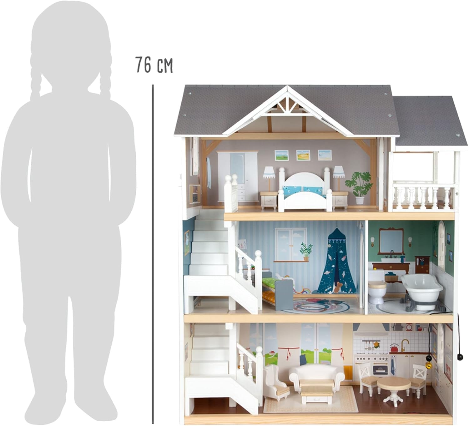 Small Foot Puppenhaus 3-stöckiges Stadthaus aus Holz mit offener Vorderseite und 12 Möbeln für Kinder ab 3 Jahren 11802 Weiß Grau Puppenhäuser Naty Shop