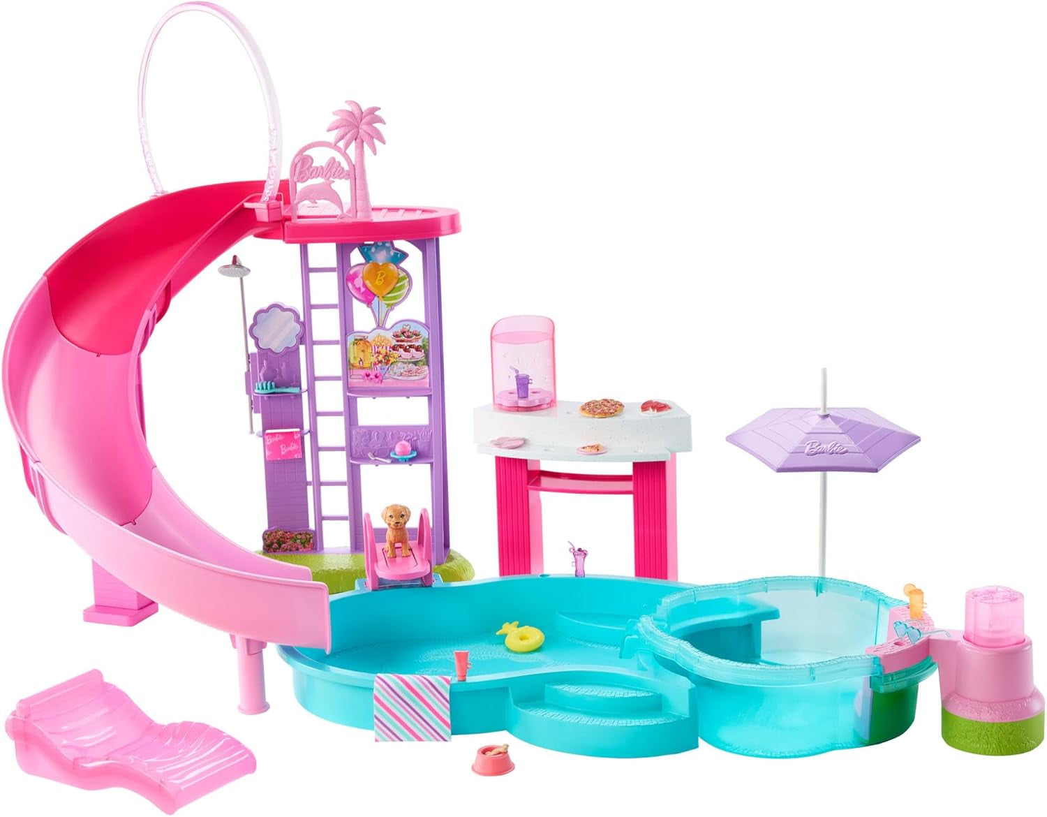 Barbie Dream Pool-Spielset mit sechs Spielbereichen, darunter Rutsche und Whirlpool, sowie über 20 Zubehörteilen wie einem Haustier, Schwimmringen und mehr, JKG83