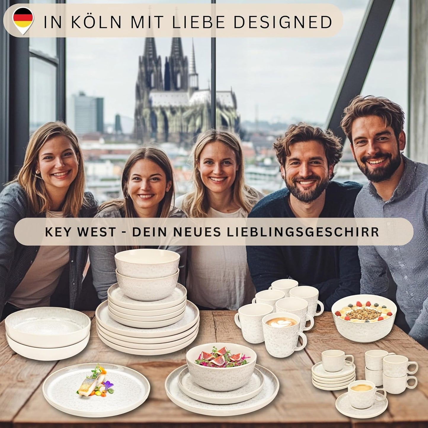 SÄNGER Key West | Steinzeug-Geschirr-Set, 24-teiliges Speiseteller-Set für 6 Personen, 6 Speiseteller, Müslischalen, Dessertteller, Nudelschalen, cremefarbenes Geschirr mit sandiger Textur | DIE VALUE-KOLLEKTION