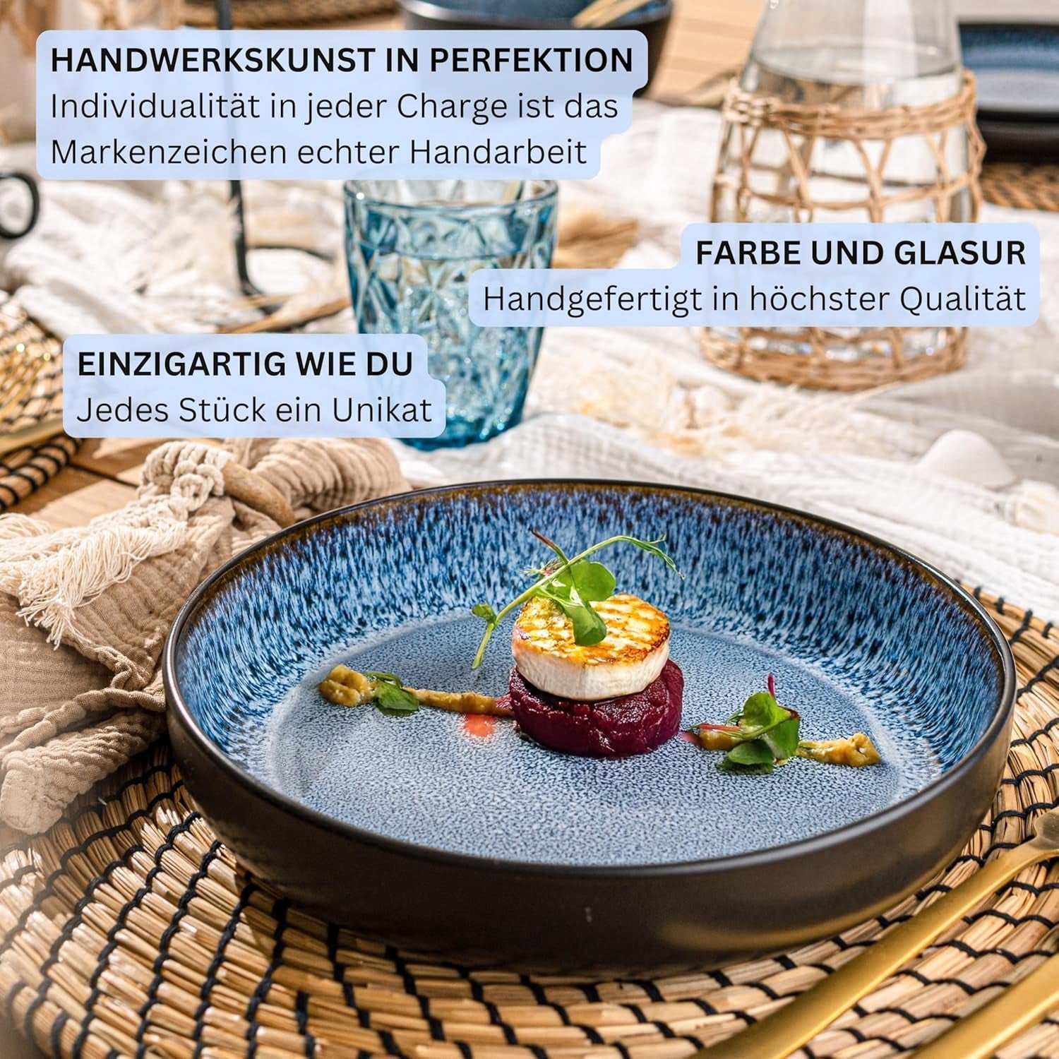 SÄNGER Aruba | Steinzeug-Geschirrset für 6 Personen, 6 Speiseteller, 6 Frühstücksteller, 6 Speiseteller, 6 Nudelschalen, Blau mit schwarzem Rand | DIE VALUE-KOLLEKTION