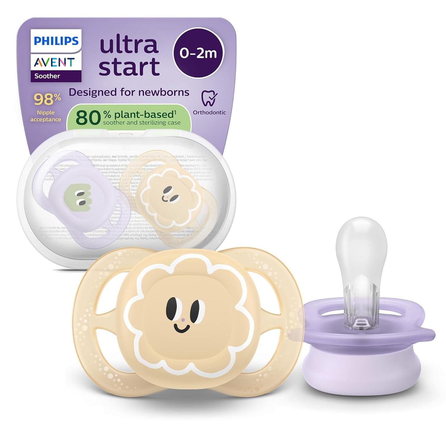 Philips AVENT Ultra Start Nachtschnuller, kieferorthopädischer Schnuller für Neugeborene, leuchtet im Dunkeln, BPA-frei, mit Sterilisationsbehälter, Doppelpack, Mond, Stern, SCF075/07
