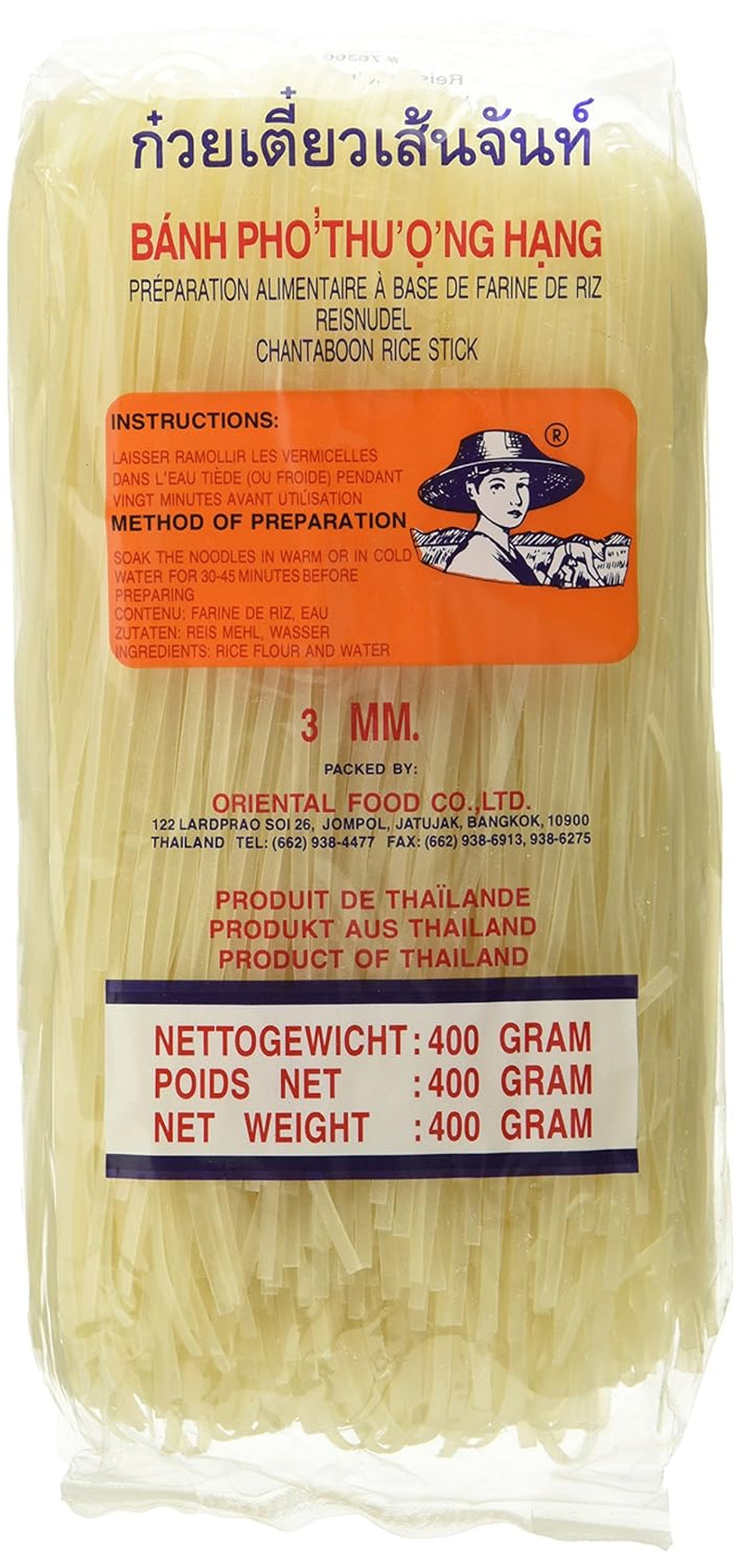 Reisnudeln – Thailändische, 3 mm breite Reisbandnudeln, hergestellt aus Reismehl – ​​17 x 400 g