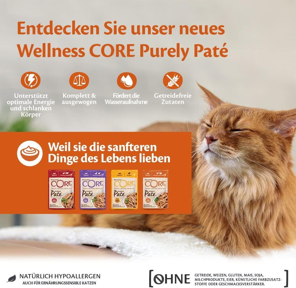 Wellness CORE Purely Paté 24 x 85g, Huhn und Pute – Nassfutter für Katzen, feine Pastete, getreidefrei, natürlich, hypoallergen, proteinreich, fleischreich