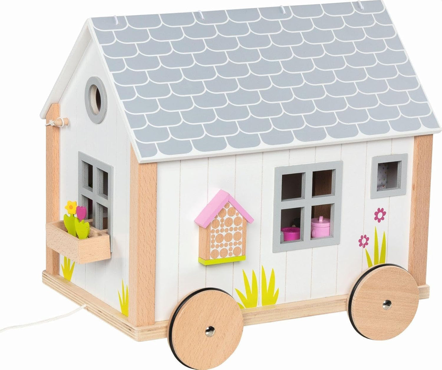 Goki 51477 – Kleines Hygge-Haus aus Holz und Stoff für Mini-Puppen, bewegliches Puppenhaus im skandinavischen Stil, 38 cm x 27 cm x 33 cm, 40er-Set, ab 3 Jahren. Puppenhäuser Naty Shop