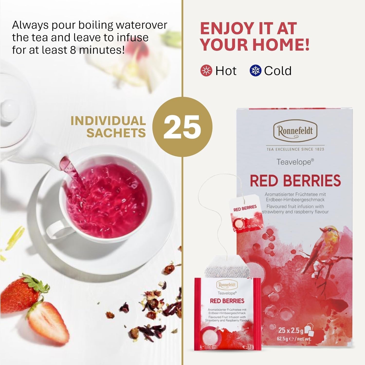 Teavelope „Red Berries“ – Früchtetee mit Erdbeer- und Himbeergeschmack, 25 Teebeutel, 62,5 g