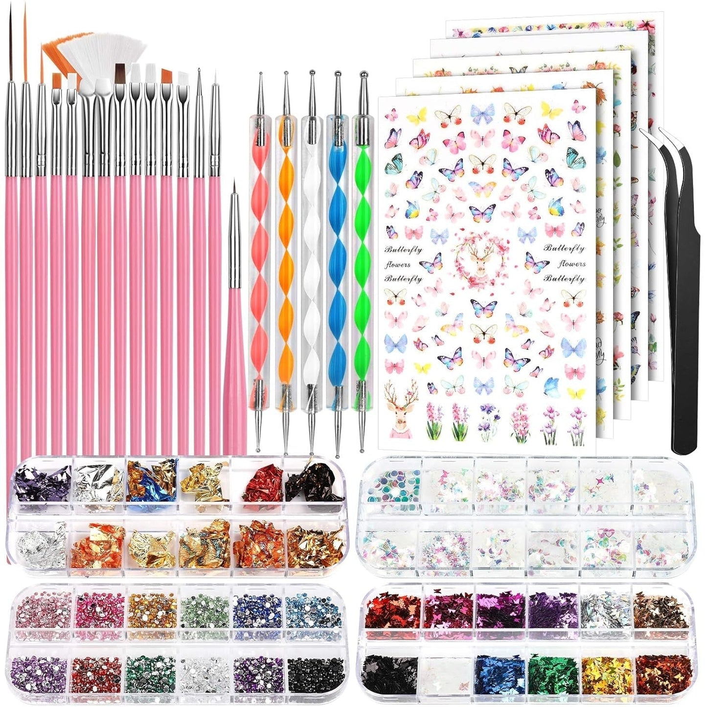 FANDAMEI Pinsel Für Gelnägel, 15 Stück Nagel Pinsel, 5 Blätter Nagelsticker, Strasssteine ​​​​Nägel, Nageldesign Set, Nageldesign Zubehör, Nail Art Pinsel Set, Nailart Pinsel Und Dekorationen Set