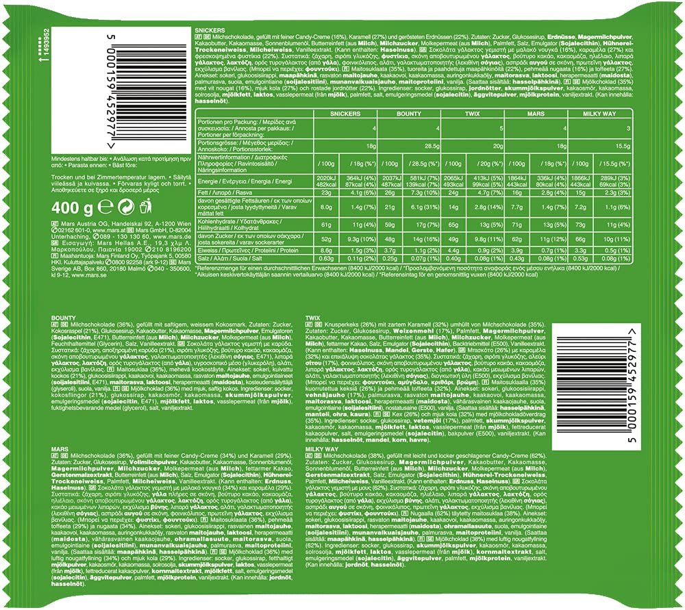 Gemischte Minis, Snickers, Bounty, Twix, Milky Way, Schokoladen-Großpackung, eine Packung (1 x 400 g) (5er-Pack)