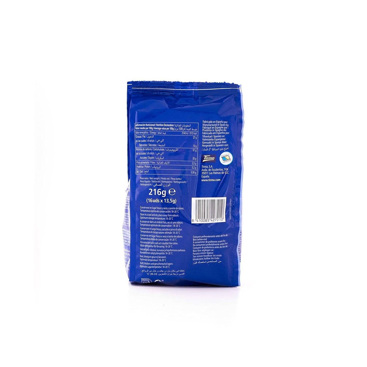 Tirma Mini-Waffeln aus weißer Schokolade | (16 Einheiten x 13,5 g), 216 g | Zarte Cremefüllung | GVO-frei | Geeignet für Vegetarier | Einzeln verpackt | Verpackter Snack
