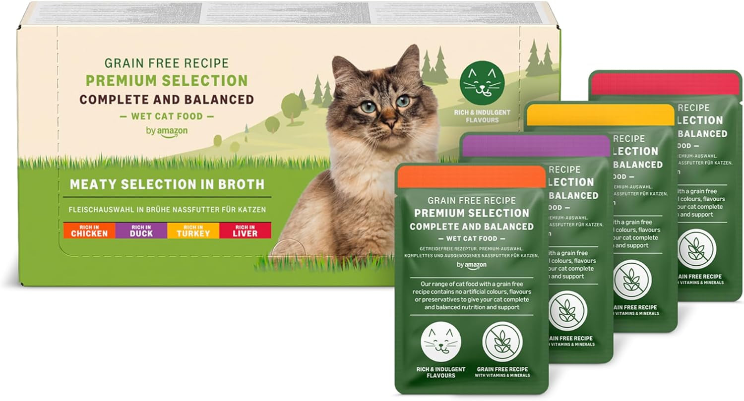 Getreidefreies Nassfutter für Katzen von Amazon für ausgewachsene Katzen, Auswahl an Fleisch in Gelee, 4,76 kg, 56 Packungen à 85 g (ehemals lebenslang)