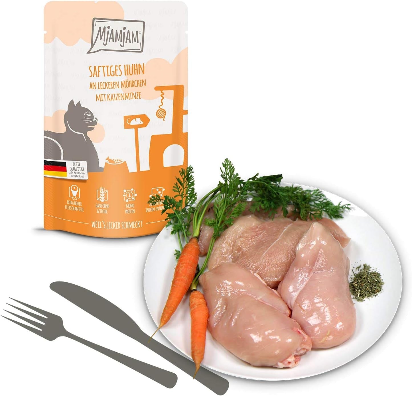 MjAMjAM – Premium-Nassfutter für Katzen – Mischpackung I – Huhn, Rind, Herzen, 12er-Pack (12 x 125 g), getreidefrei mit extra Fleisch
