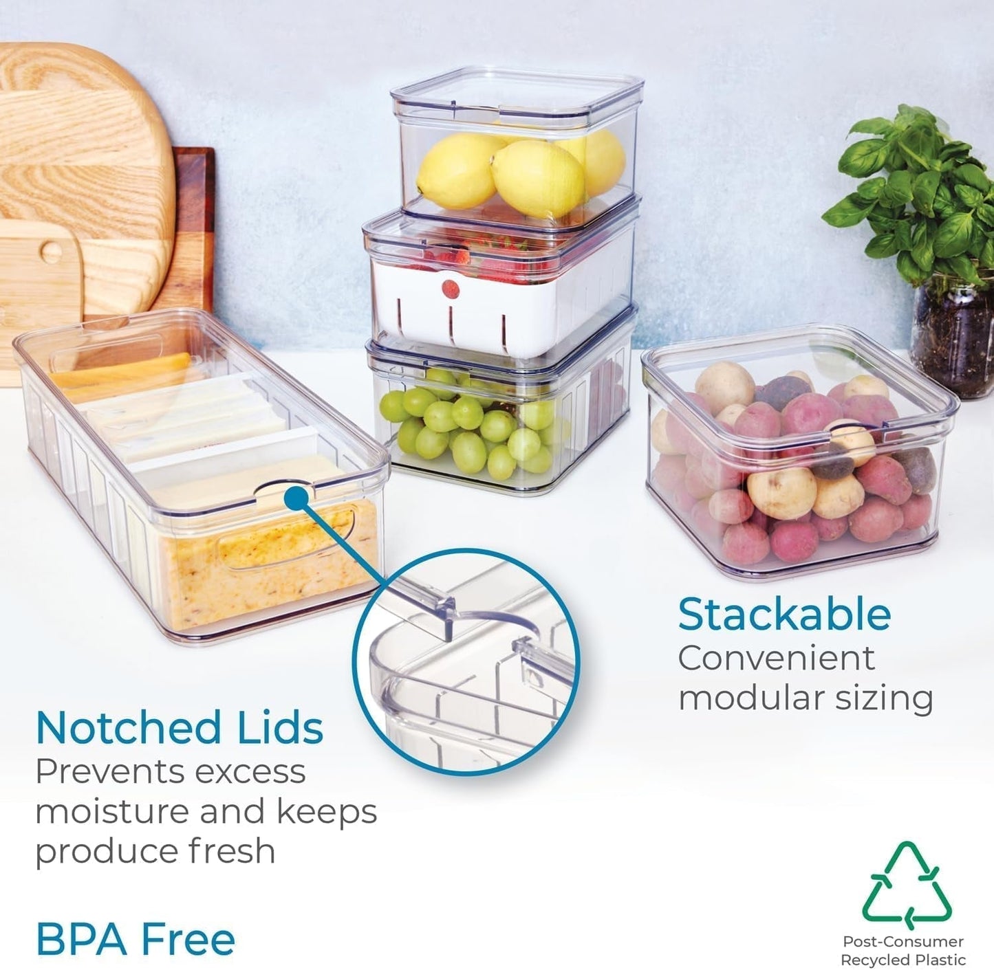 iDesign Aufbewahrungsboxen, Kühlschrank-Organizer mit Deckel im 5er-Set, Lebensmittel-Aufbewahrungsboxen aus recyceltem Kunststoff zum Organisieren von Verbrauchsmaterialien, durchsichtige und weiße Lebensmittel-Aufbewahrungsboxen von Naty Shop