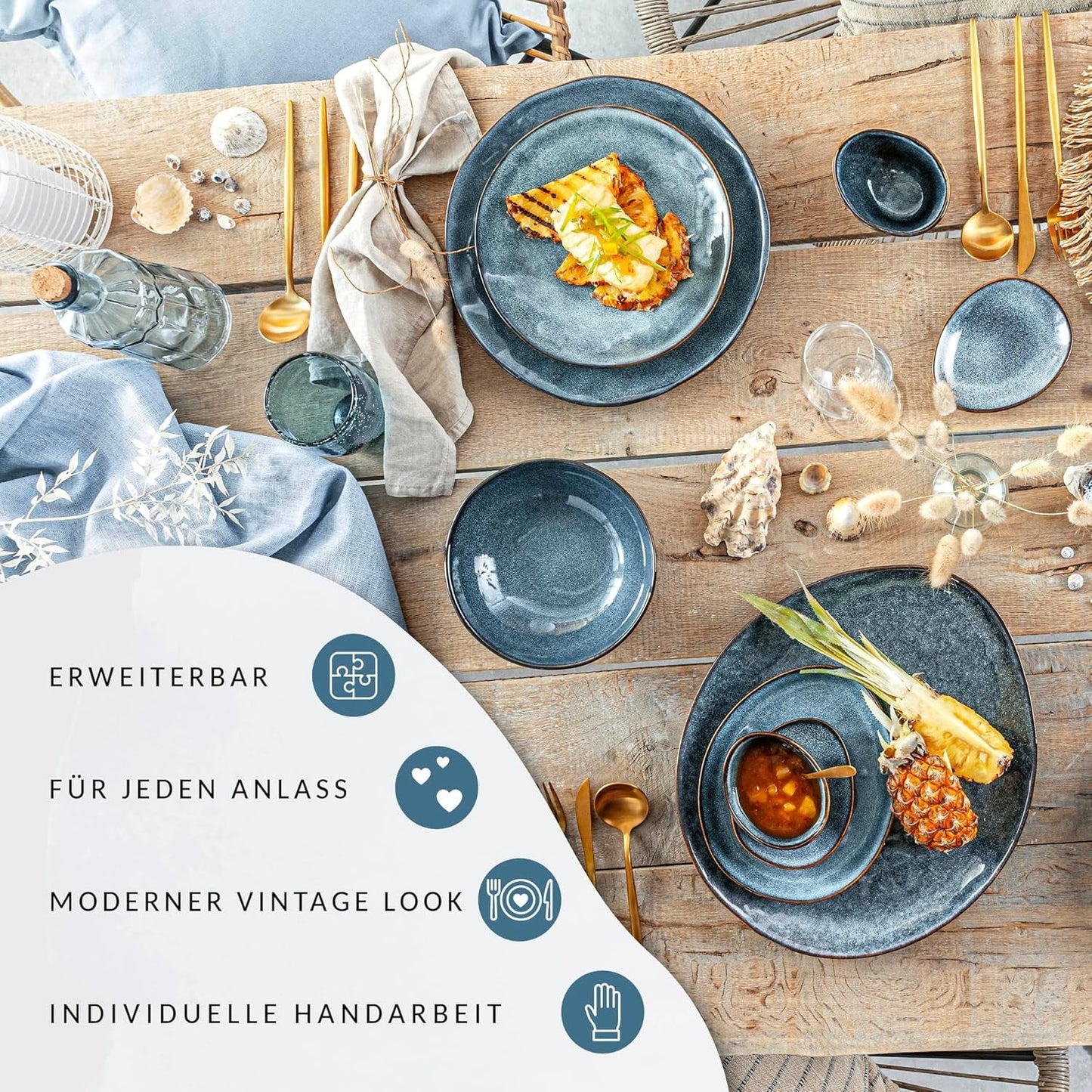 SANGER | Darwin 12-teiliges Geschirrset, Steinzeug-Geschirrset für 4 Personen, blaues Geschirrset mit Speisetellern, Desserttellern und Suppentellern, handgefertigtes Geschirrset | DIE PREMIUM-KOLLEKTION