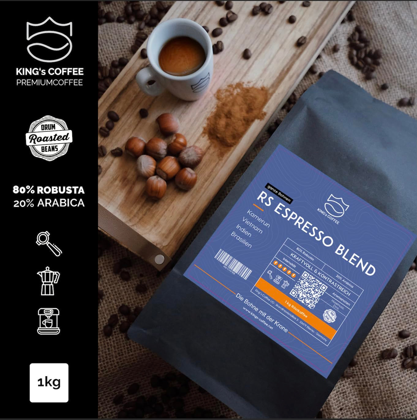 KING'S COFFEE - AMESTEC RS ESPRESSO - 1 kg starke und aromatische Kaffeebohnen - Kaffee mit niedrigem Säuregehalt - Kaffee aus ganzen Bohnen - Kleinserienröstung aus Italien - Espressobohnen für Vollautomaten und Siebträgermaschinen