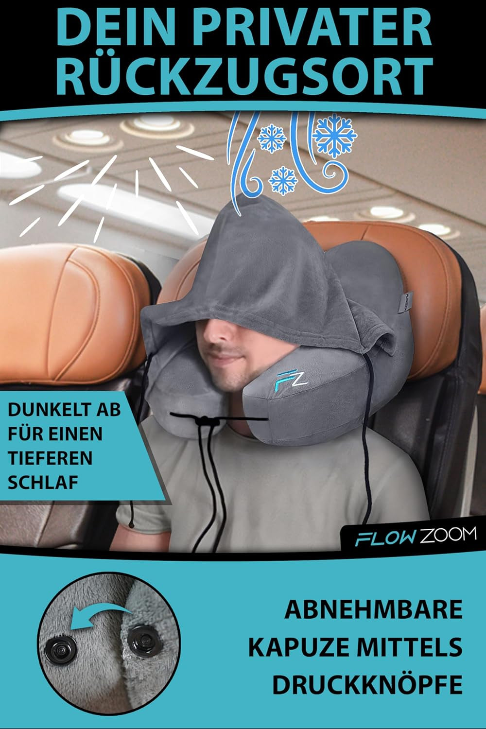 FLOWZOOM AIR Aufblasbares Nackenkissen mit Kapuze – Flugzeug-Nackenkissen – Reisekissen – schnell aufblasbares Reise-Nackenkissen – Flugzeugkissen – Reisekissen – Nackenkissen für Erwachsene (grau). Zervikale orthopädische Kissen von Naty Shop