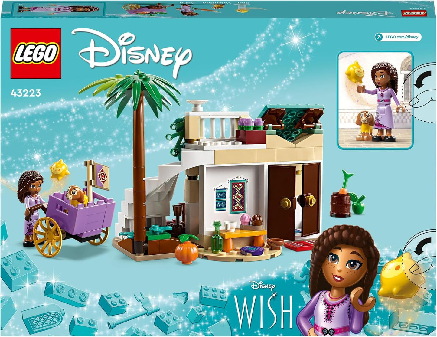 LEGO 43223 Disney Wish Asha in Rosas City, Wish-Filmset mit Markt, Asha-Minipuppe, Valentino als Spielzeugziege und Sternfiguren, Geschenk für Kinder ab 6 Jahren, Bausets für Mädchen und Jungen. Besuchen Sie den LEGO-Store