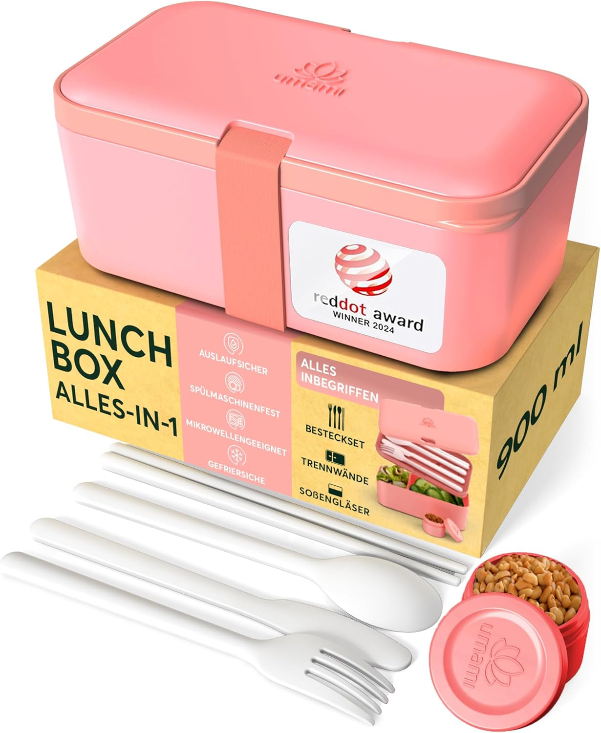 Umami-Lunchbox für Erwachsene, stapelbare Bento-Box mit 4 Besteck und Fächern, Lunchbox für Erwachsene, To-go-Salatbehälter, Picknick-/Büro-Lunchbox, Anthrazitgrau, 1500 ml. Naty Shop Lebensmittelaufbewahrungsboxen Korallenrosa – 900 ml M – 900/1000 ml