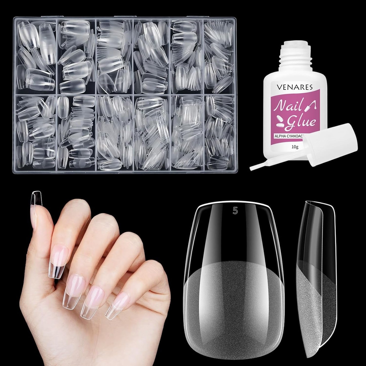 Kurze künstliche Nägel, Ballerina, 500 Stück, zum Aufkleben, 12 Größen, künstliche Nägel, kurze, weiche Gel-Nagelspitzen mit vollständiger Abdeckung für Gelnägel, kurz S