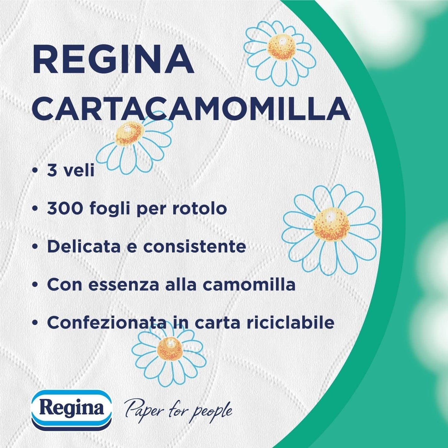 Regina Cartacamomilla – 8 Rollen Toilettenpapier, 300 flauschige Blätter, 3-lagig, weich und fest, recycelbare Papierverpackung