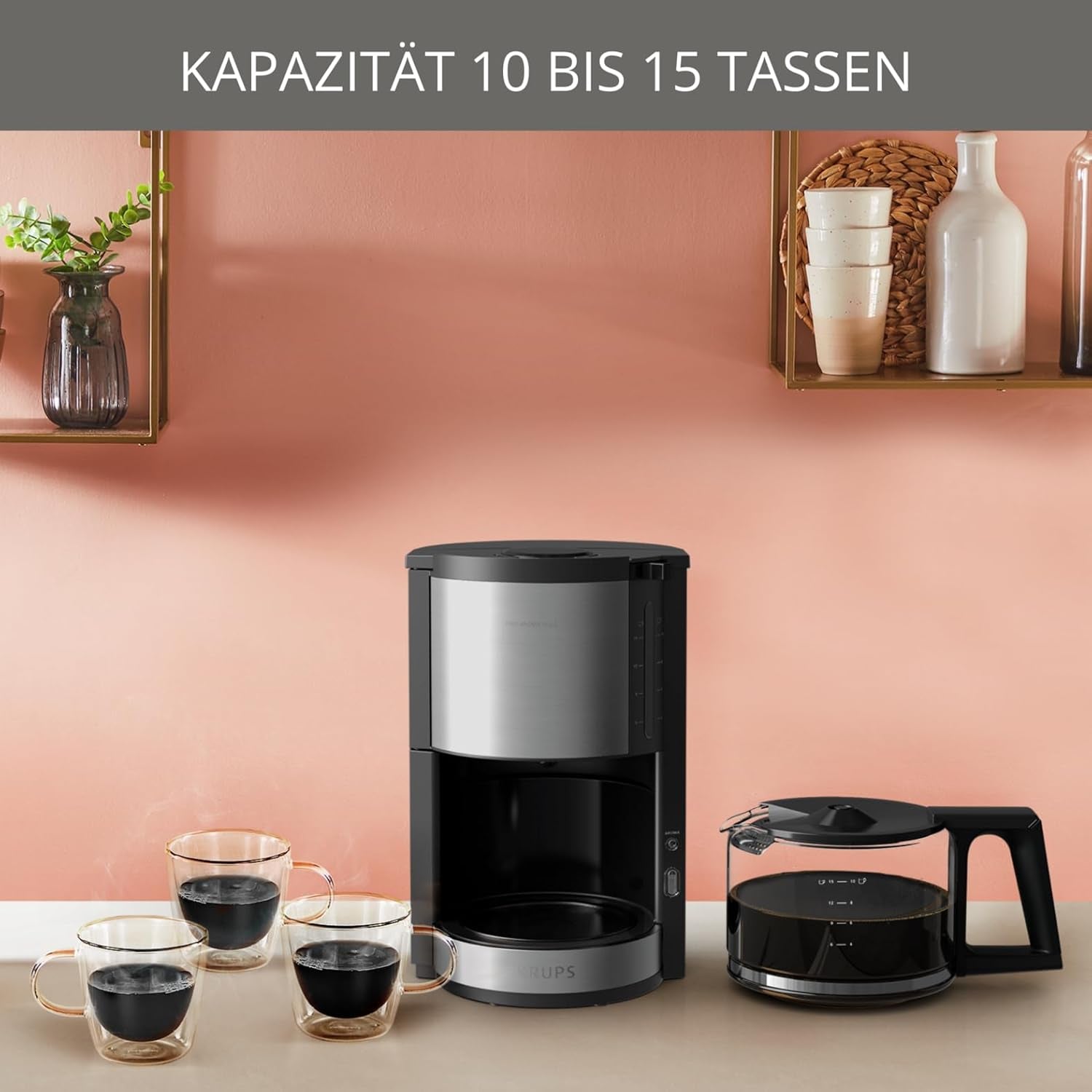 Krups KM3210 Pro Aroma Plus Espressomaschine, 10 Tassen, 1,25 l, Warmhalten für 30 Minuten, sichtbares Wasserstandsfenster, Anti-Tropf-System, schwarz mit Edelstahl-Applikationen