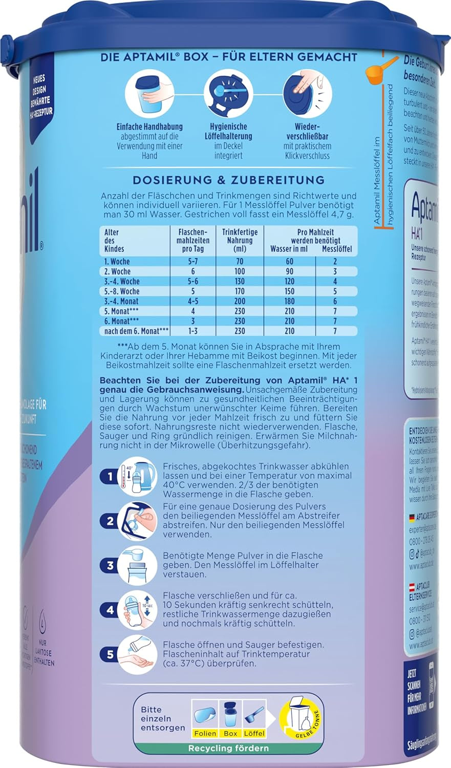 Aptamil HA 1 - Säuglingsnahrung ab der Geburt, mit DHA, laktosefrei, palmölfrei, Babynahrung, Milchpulver, 1 x 800 g