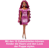 Barbie-Puppe, lustiges, stilvolles Haar mit extra langen, bunten schwarzen Haaren und glitzerndem rosa Kleid, 10 Frisuren und Modeaccessoires JDC86