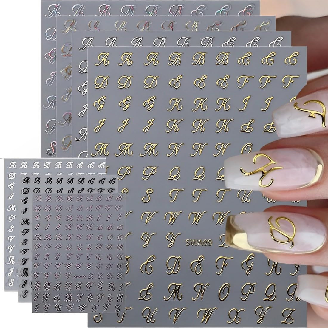7 Blätter 3D Alphabets Nagelsticker Nagelfolie Selbstklebend Buchstaben Aufkleber Nägel Zubehör Nagelaufkleber Klebebuchstaben Aufkleber Selbst Gestalten Letter Letters Nail Art Sticker