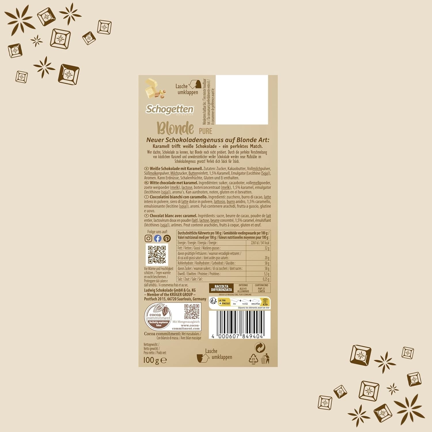 Schogetten Blonde Pure I weiße Schokolade mit Karamell I 100 g I einzeln portioniert (2er Pack)