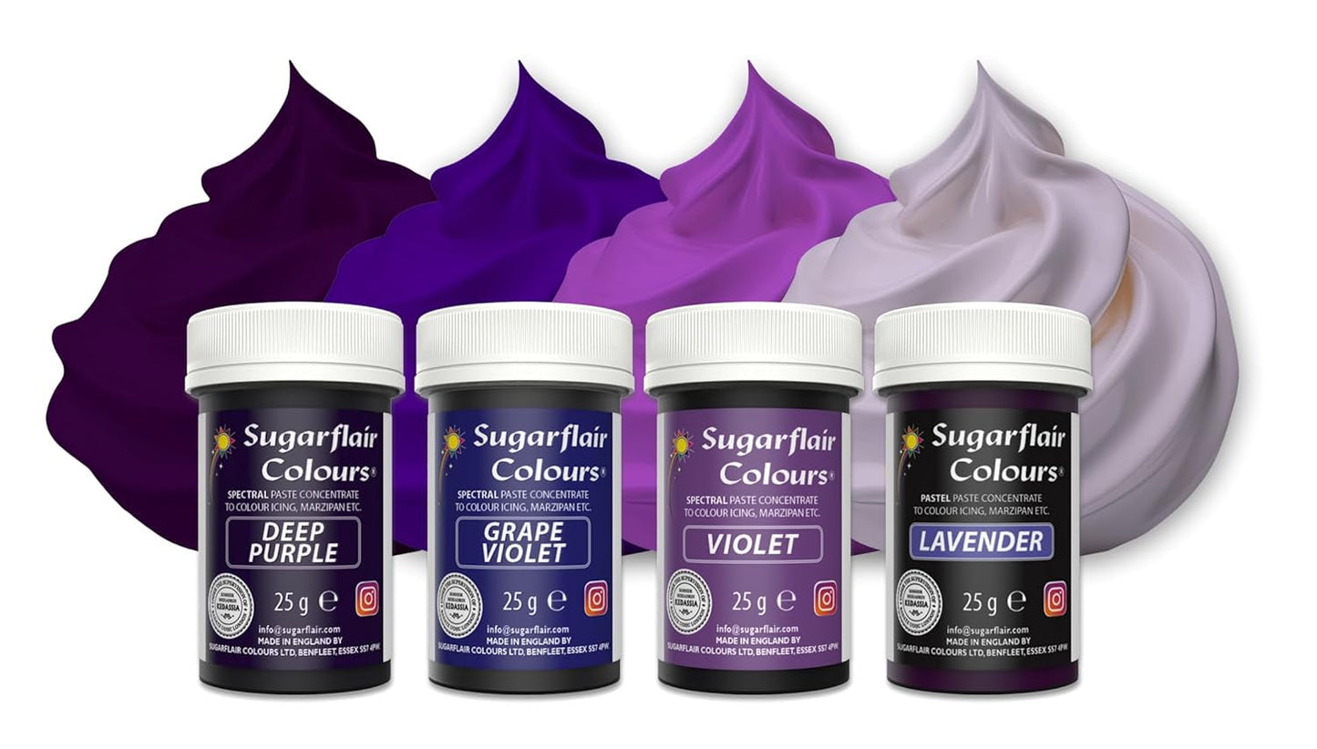 Sugarflair Nudel-Lebensmittelfarbe Lila, 4er-Set, Nudel-Lebensmittelfarbe, Fondant, Marzipan, Zuckerpaste, Buttercreme und mehr: Lila, Lavendel, Traubenviolett, Tiefviolett – 4er-Set