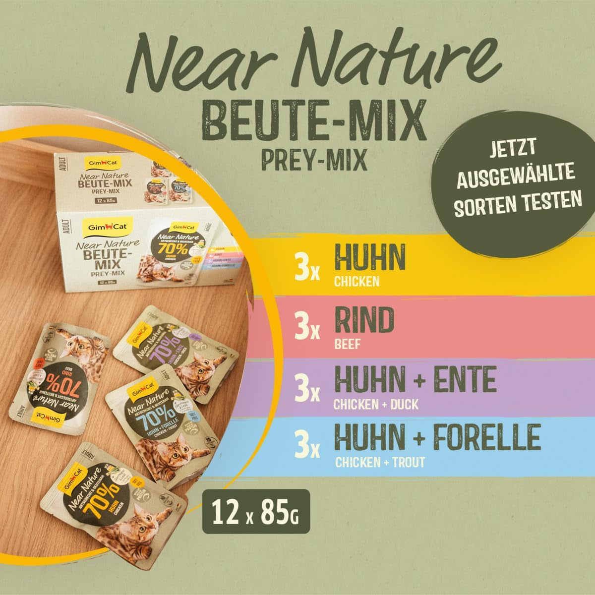 GimCat Near Nature Trial Mix 12er Pack – getreidefreies Nassfutter für Katzen ab 7 Monaten mit artgerechter und beutespezifischer Rezeptur – 12 Beutel (12 x 85 g)
