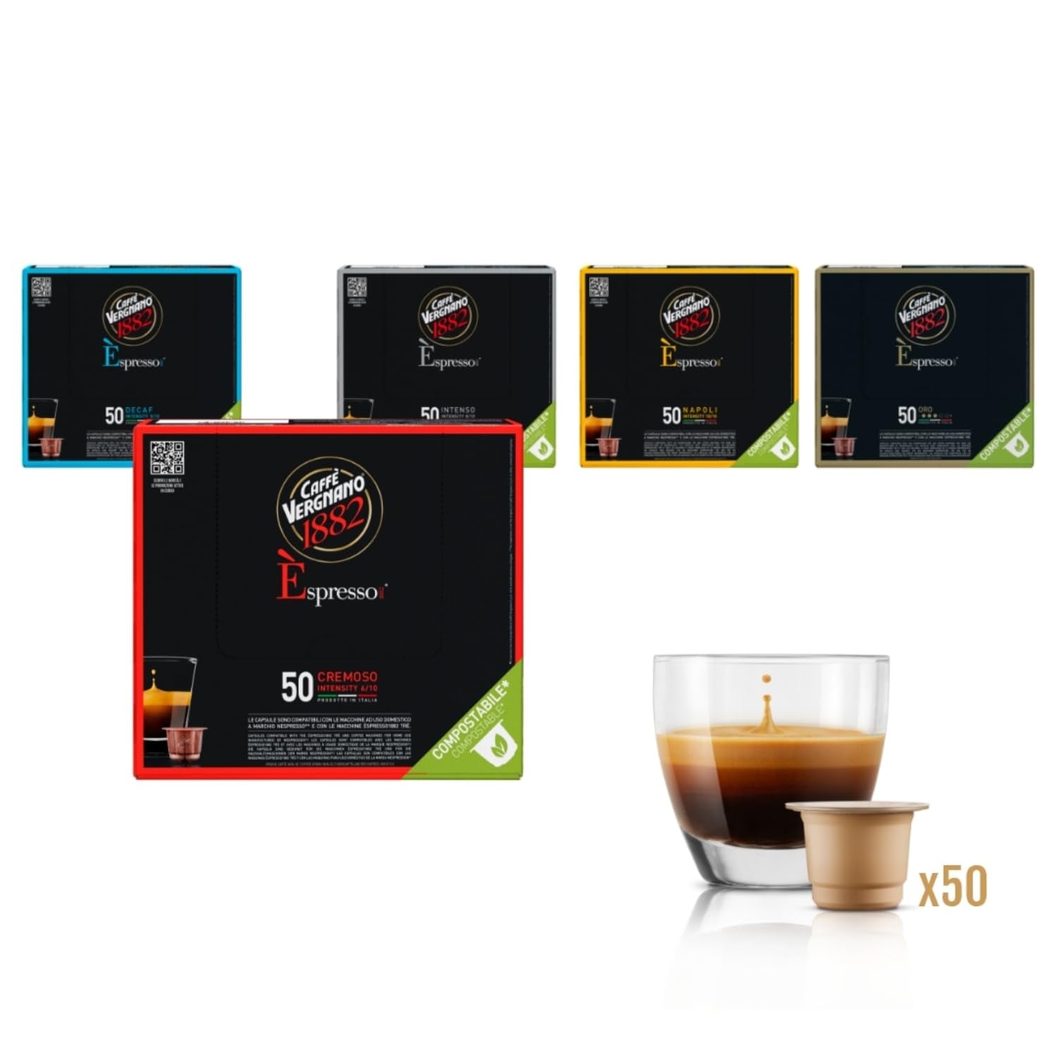 Caffè Vergnano 1882 – Èspresso kompostierbare Kaffeekapseln, kompatibel mit Nespresso, Cremoso (cremig) – Packung enthält 50 Kapseln