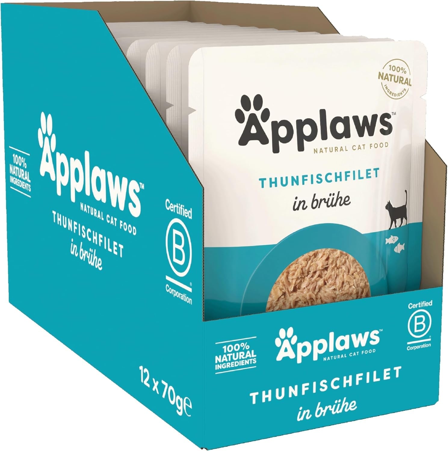 Applaws 100 % natürliches Nassfutter für Katzen, Thunfischfilets in Brühe – Packung mit 12 70-g-Beuteln