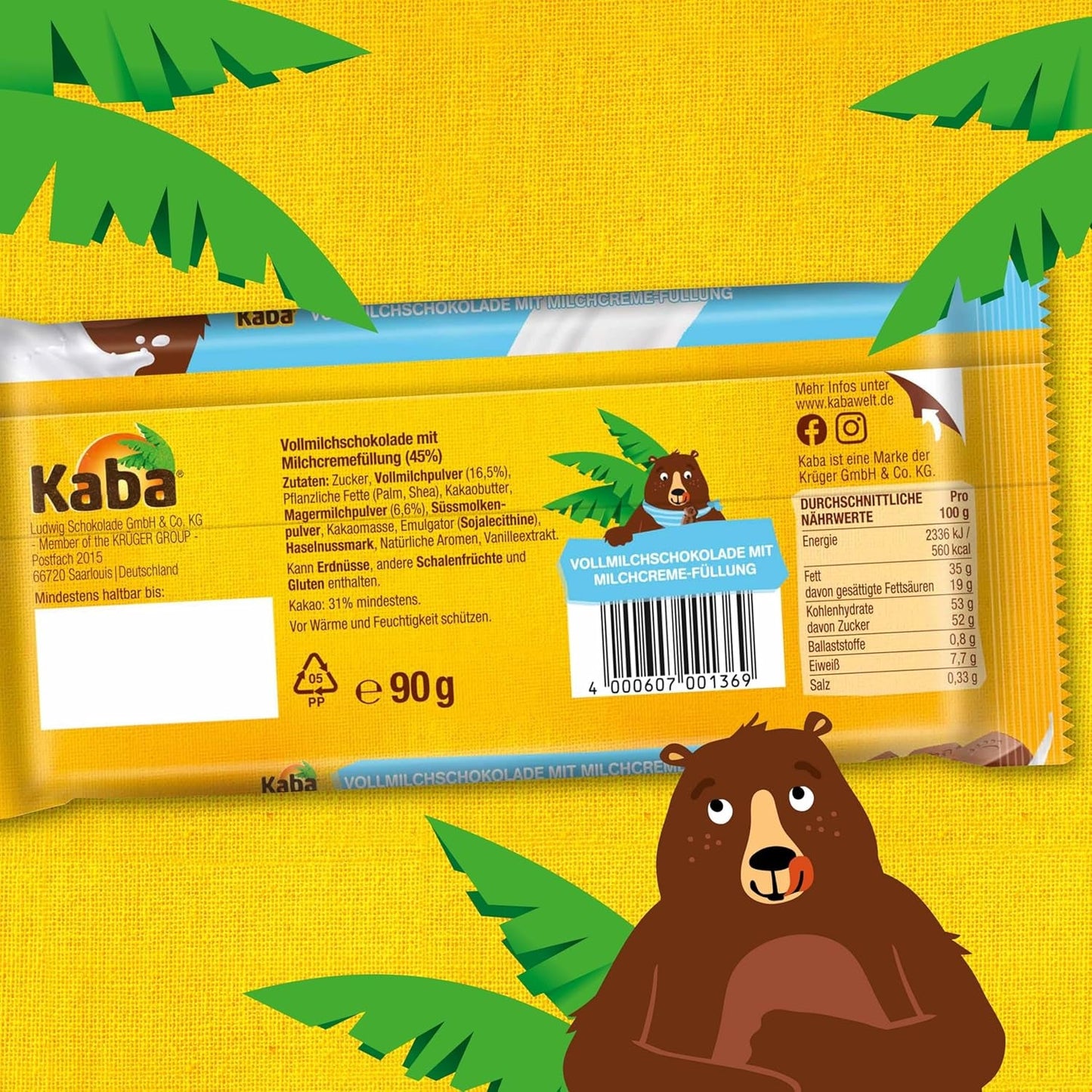 Kaba Vollmilch- und Milchcremeschokolade, gefüllte Tafelschokolade, 90g-Tafel, zartschmelzende Schokolade mit leichter Milchcreme und Kaba-Originalgeschmack