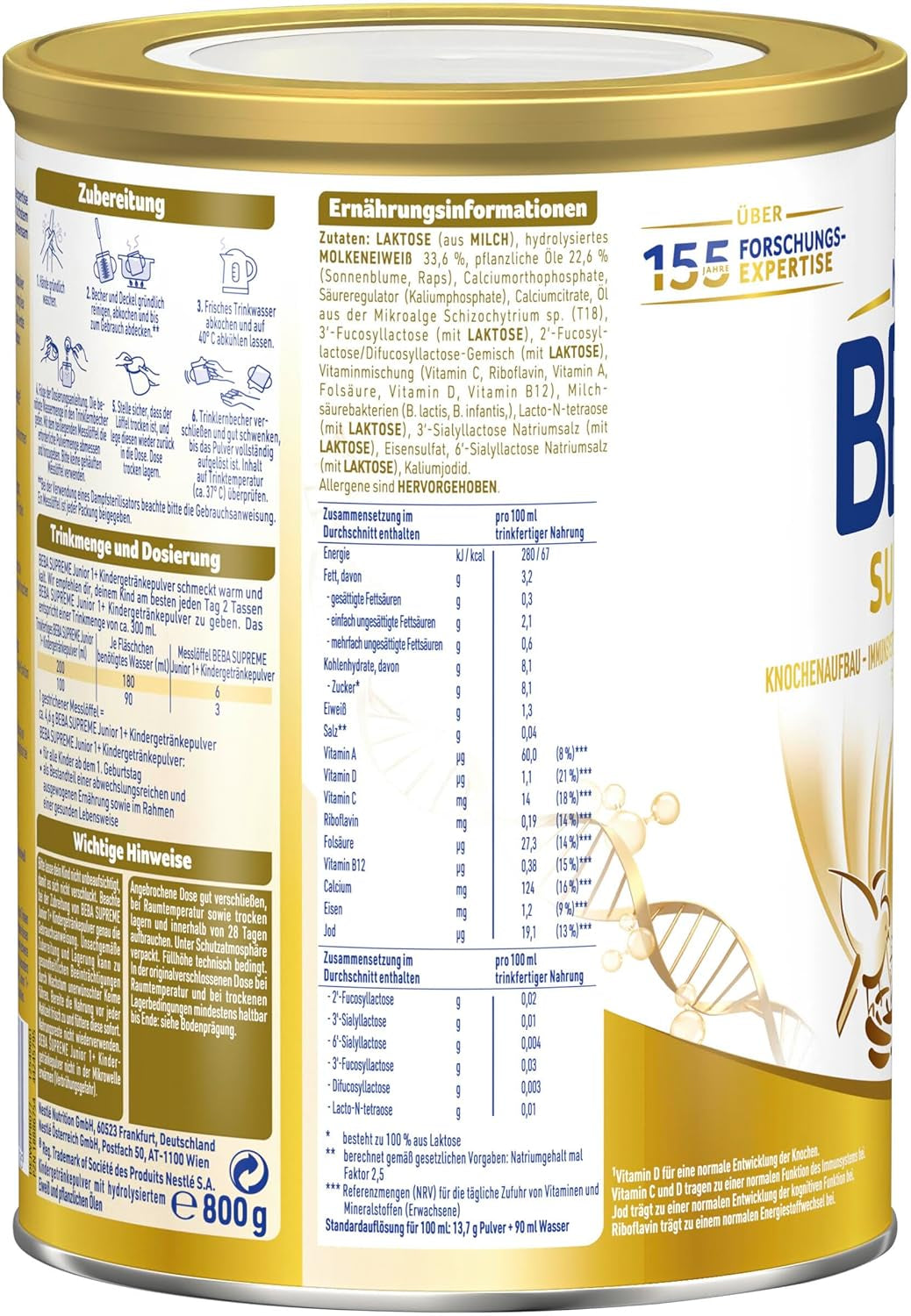 BEBA SUPREME JUNIOR 1 Plus – Getränk für Kinder ab 1 Jahr, mit Komplex 6 HMO, laktosefrei, palmölfrei, fischölfrei, Nahrung für Kleinkinder, Babymilchpulver, 6er Pack (6 x 800g)