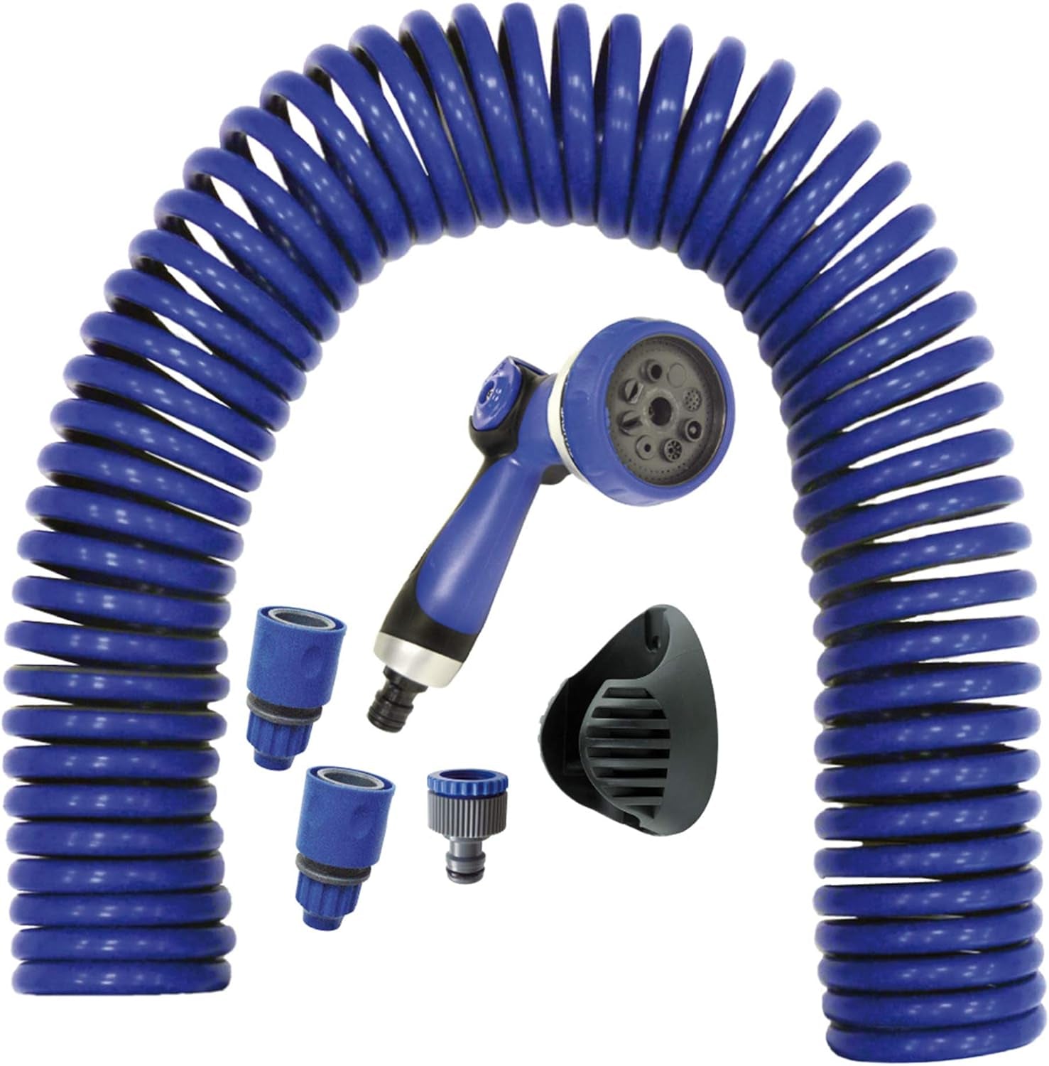 590078 – Spiralschlauchset, blau, 15 Meter (Durchmesser 9 mm) + Multifunktionspistole mit 8 Düsen + Automatik-Innengewinde mit ¾-½-Adapter + 2 Schnellkupplungen + Aufhängebügel