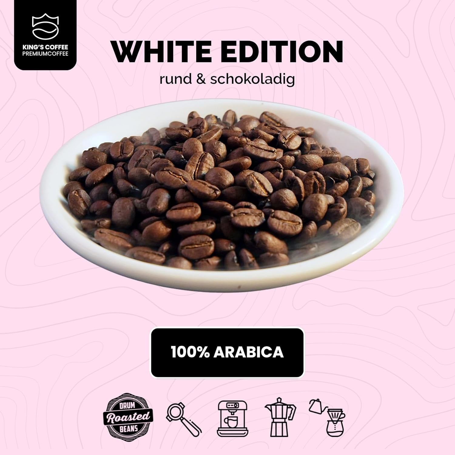 KING'S COFFEE – WHITE EDITION – leichte Mischung aus 100 % Arabica aus Äthiopien, Mexiko, Peru und Tansania – Kleinserienröstung in Italien – ganze Espressobohnen für Siebträgermaschinen – 1 kg
