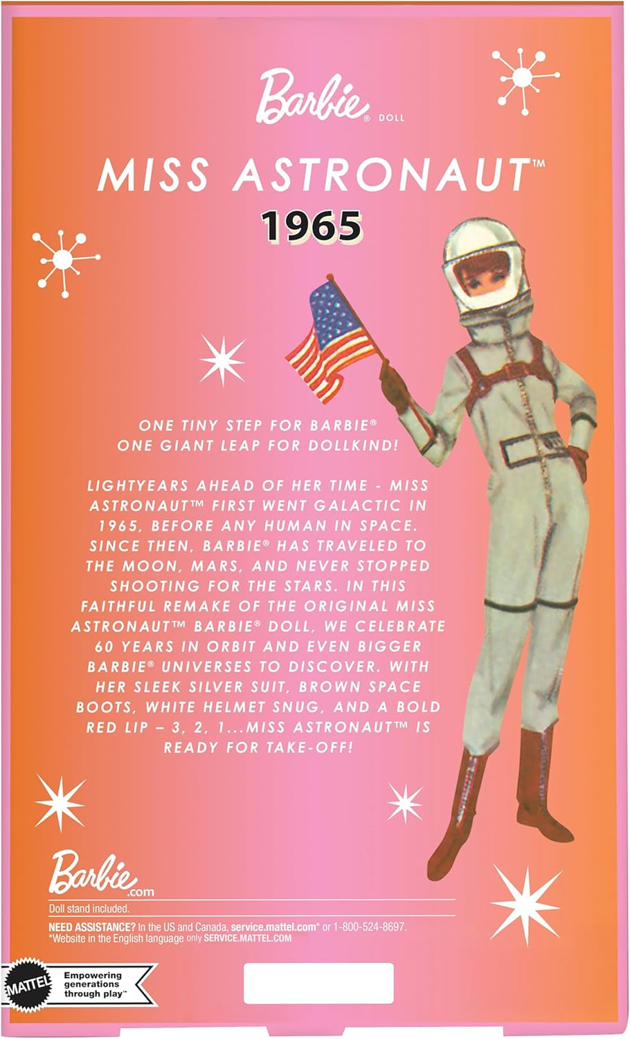 Mattel Barbie Miss Astronaut Sammlerpuppe mit silbernem Anzug, Weltraumstiefeln und Helmzubehör, Vintage-Reproduktion des Originals von 1965, JBJ48 Naty Shop Dolls