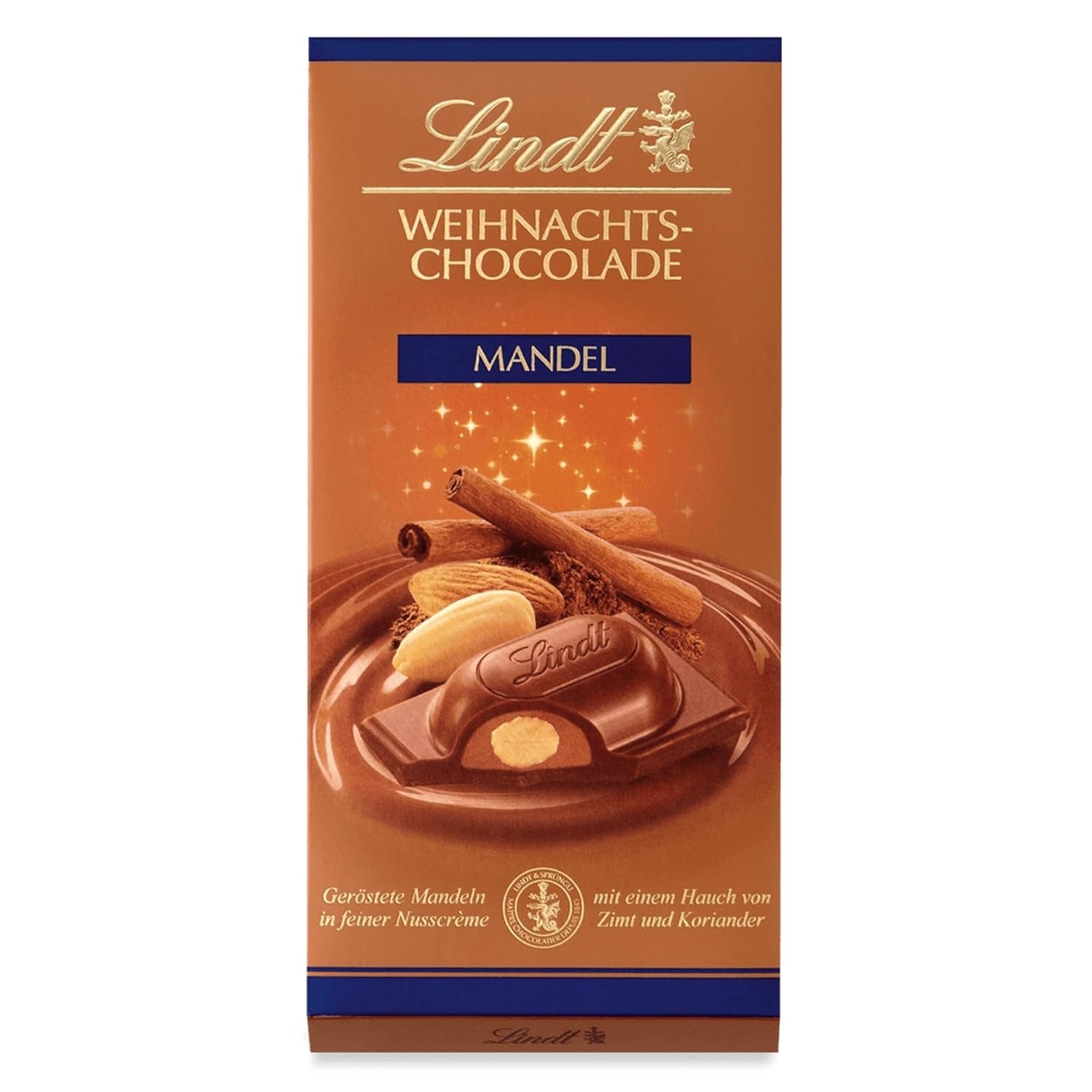 Lindt Weihnachts-Mandel-Schokoriegel | 100 g | Mandeln in Walnusscreme umhüllt von feinster Vollmilchschokolade | Weihnachtsgeschenk aus Schokolade