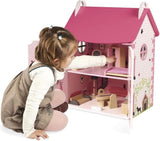 Janod Mademoiselle 3-stöckiges Puppenhaus aus Holz mit 11 Zubehörteilen, Spielzeugnachbildung, fördert die Fantasie, ab 3 Jahren, J06581