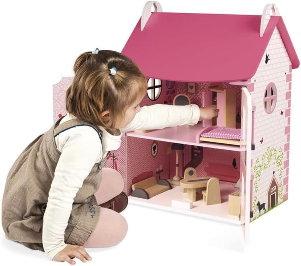 Janod Mademoiselle 3-stöckiges Puppenhaus aus Holz mit 11 Zubehörteilen, Spielzeugnachbildung, fördert die Fantasie, ab 3 Jahren, J06581