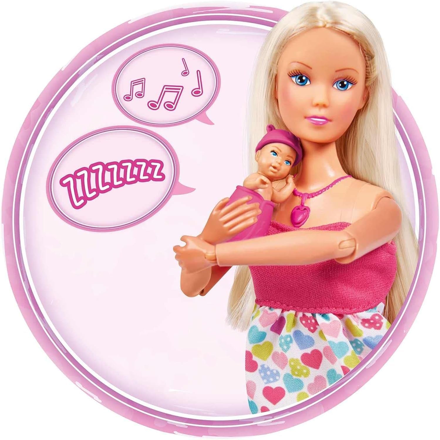 Simba 105733480 – Steffi Love Babyrucksack, schwangere Puppe mit Baby und tollen Geräuschen, Babyzubehör und Babytrage, rosa Naty Shop Dolls