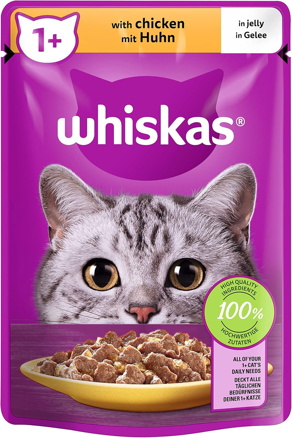 Whiskas 1+ Nassfutter für Katzen mit Huhn in Gelee, 28x85g (1 Packung) – Hochwertiges Nassfutter für ausgewachsene Katzen in 28-Portionen-Beuteln