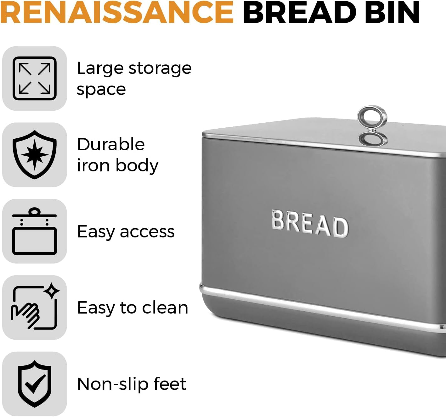 Tower T826175GRY Renaissance-Brotkorb, Fassungsvermögen 16 l, Einzeldeckel, grau Lebensmittelaufbewahrungsboxen Naty Shop