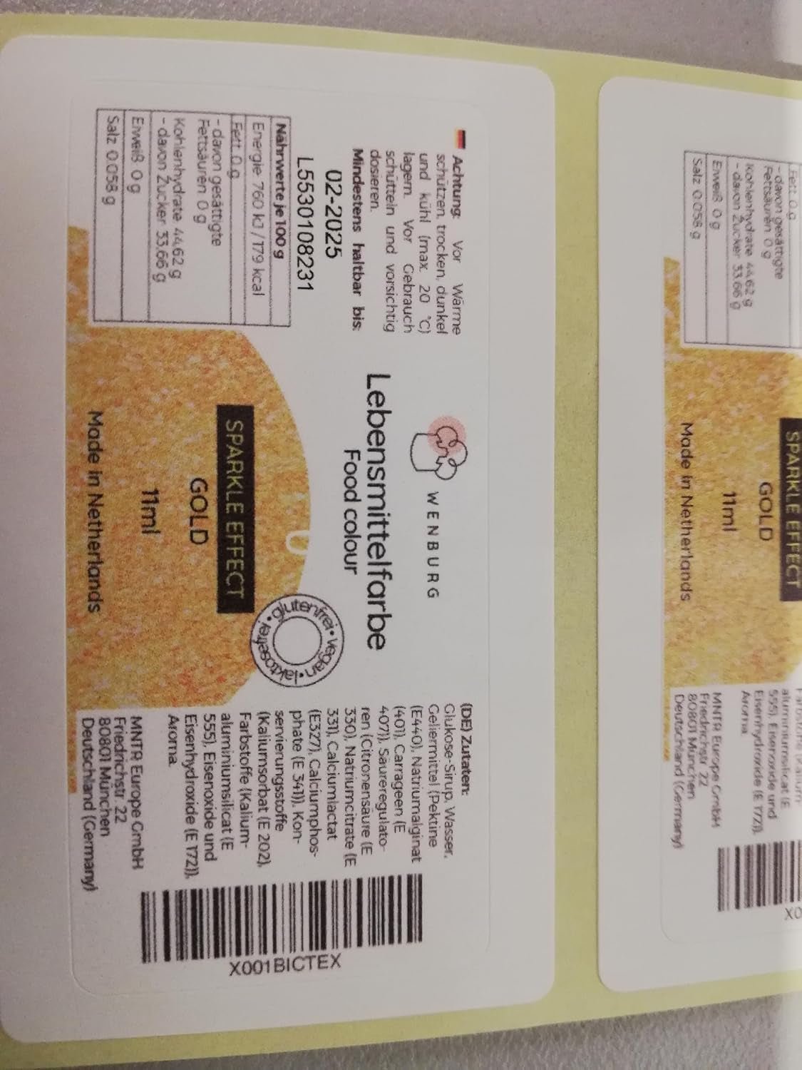Wenburg Lebensmittelfarbe, Glitzer, 11 ml, konzentriert, hergestellt in der EU, flüssig. Zum Färben von Teig, Getränken, Aromen, Schleim – goldene Glitzer-Lebensmittelfarbe – goldene Kuchenfarbe – goldene Glitzer