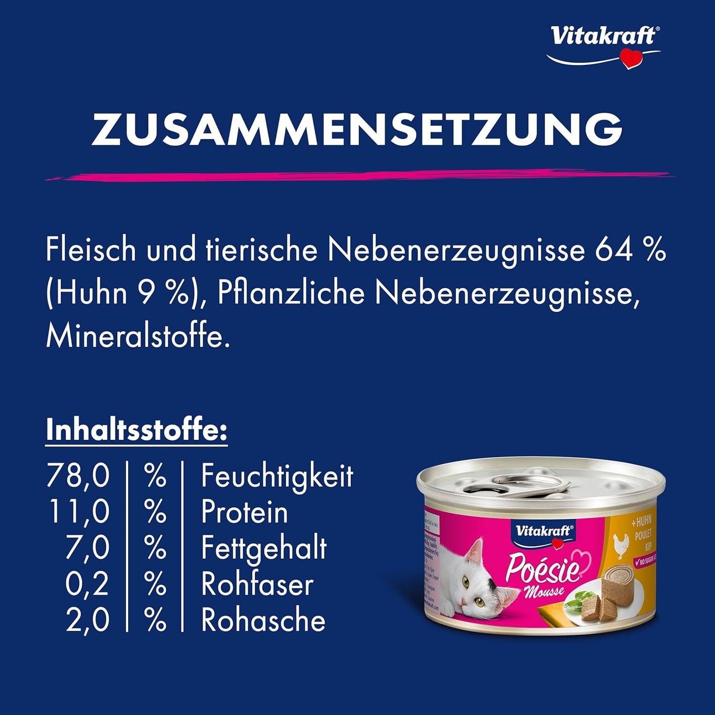 Vitakraft Poésie Mousse, Nassfutter für Katzen, luftiger Schaum, mit Huhn, ohne Zucker- oder Getreidezusatz (12 x 85g)