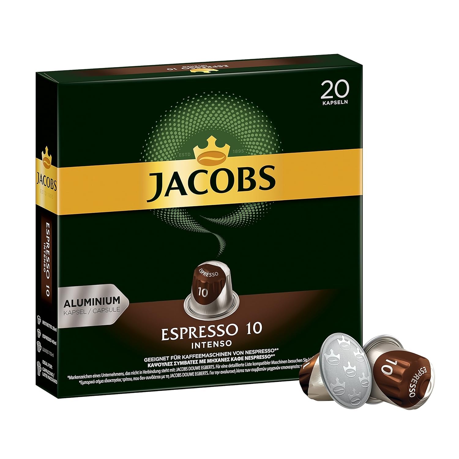 Kaffeekapseln Espresso Intenso, Intensität 10 von 12, 10 x 20 Getränke & Kaffeekapseln Krönung Crema, 200 Nespresso-kompatible Kapseln, 10er Pack, 10 x 20 Getränke, 1040 g