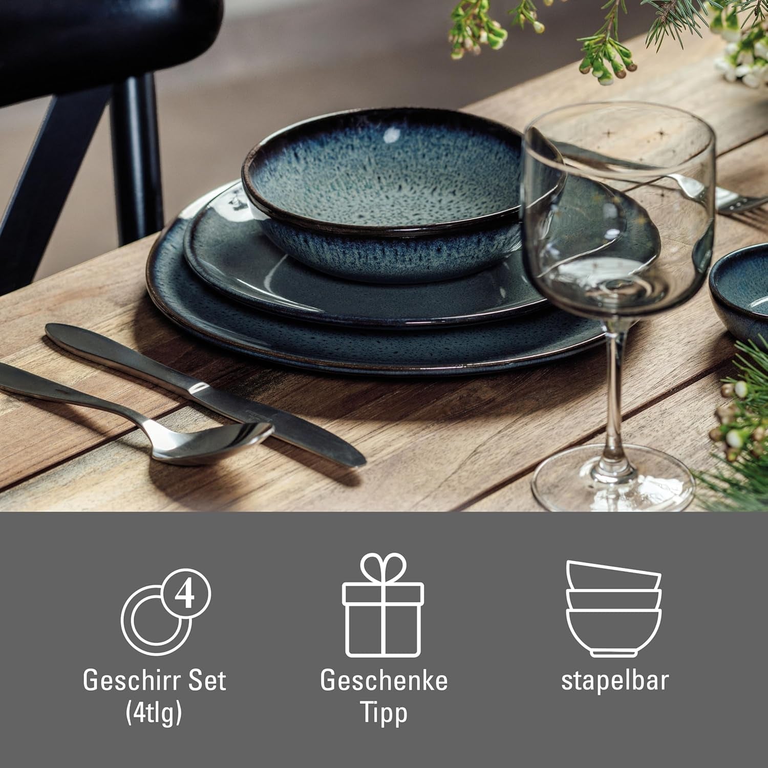 wie. de Villeroy & Boch - Lave Gris Steinzeug-Geschirrset, 4-teilig, Keramikoptik, Tafelservice für 2, grau