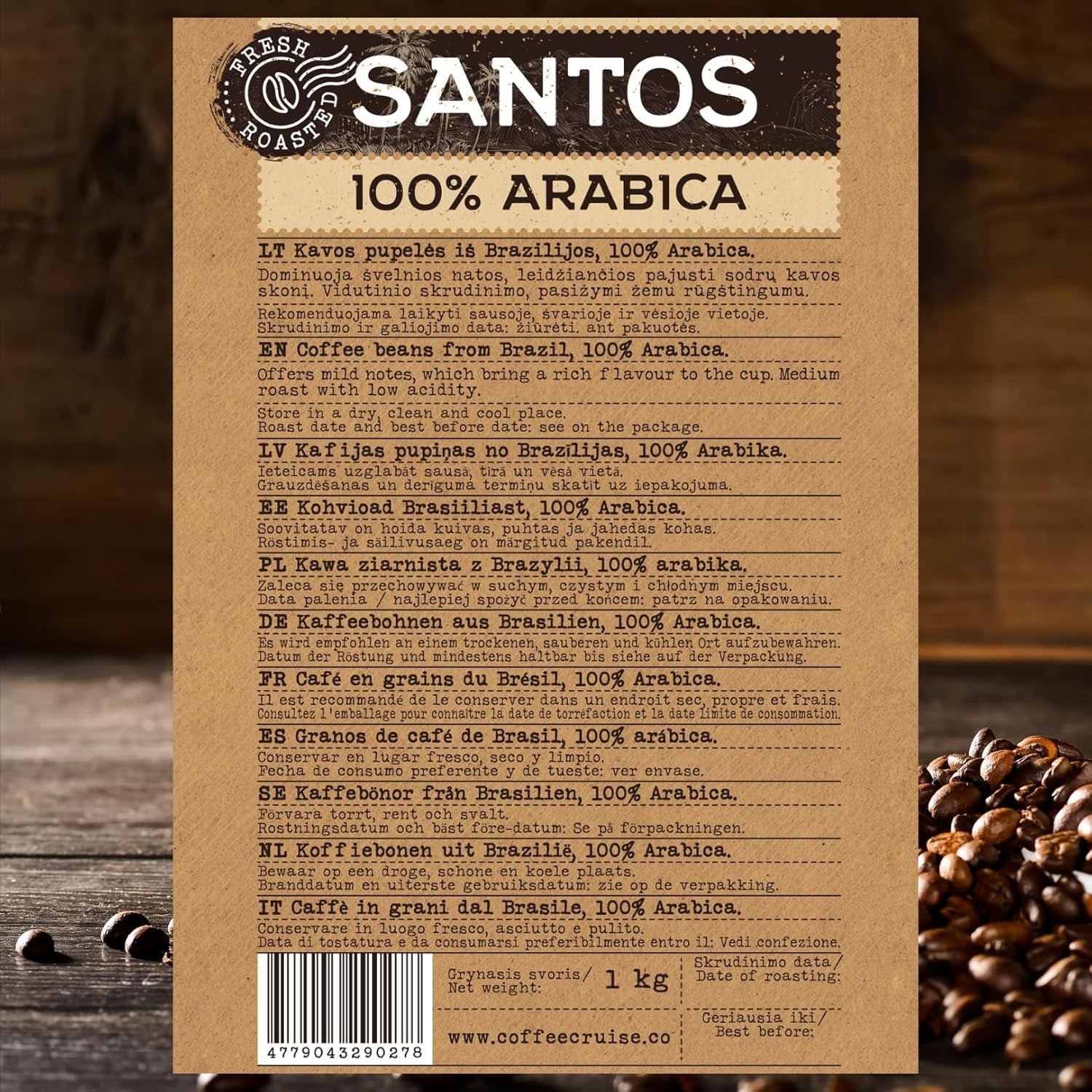 COFFEE CRUISE Santos Kaffeebohnen 1kg – Mittlere Röstung – Aroma Karamell – Für alle Kaffeemaschinen – 100 % arabisch