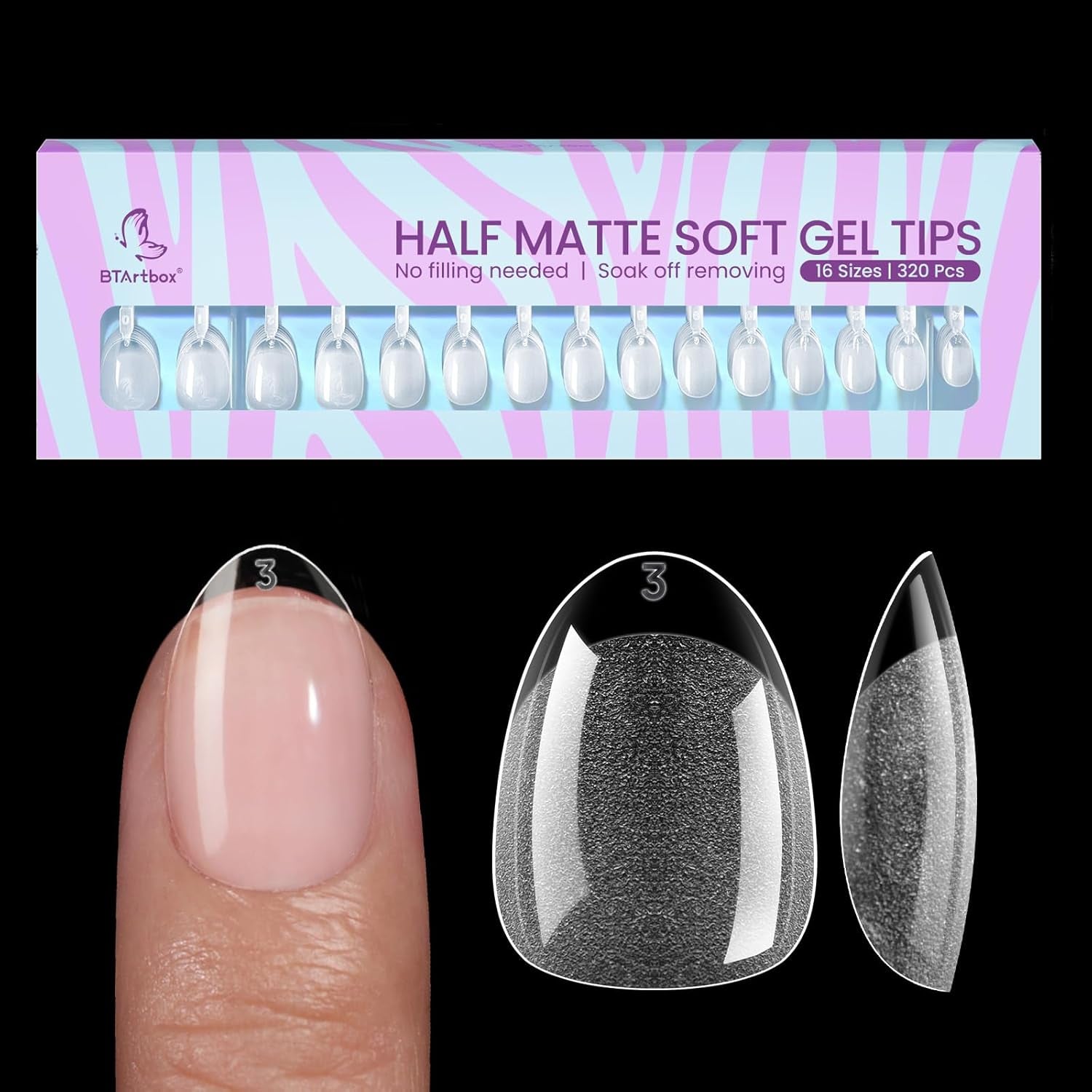 Btartbox Extra kurze Mandel-Nagelspitzen – Volldeckende Gel-X-Soft-XS-Gel-Nagelspitzen – Vorgeformte Halbmatte für breite Nägel Salon 320 Stück